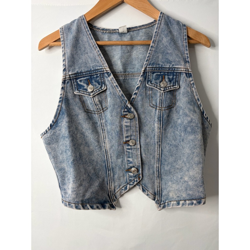Womens Light Acid Wash Denim Vest Sz L Blue Cropped Boho Western Cowgirl Y2K